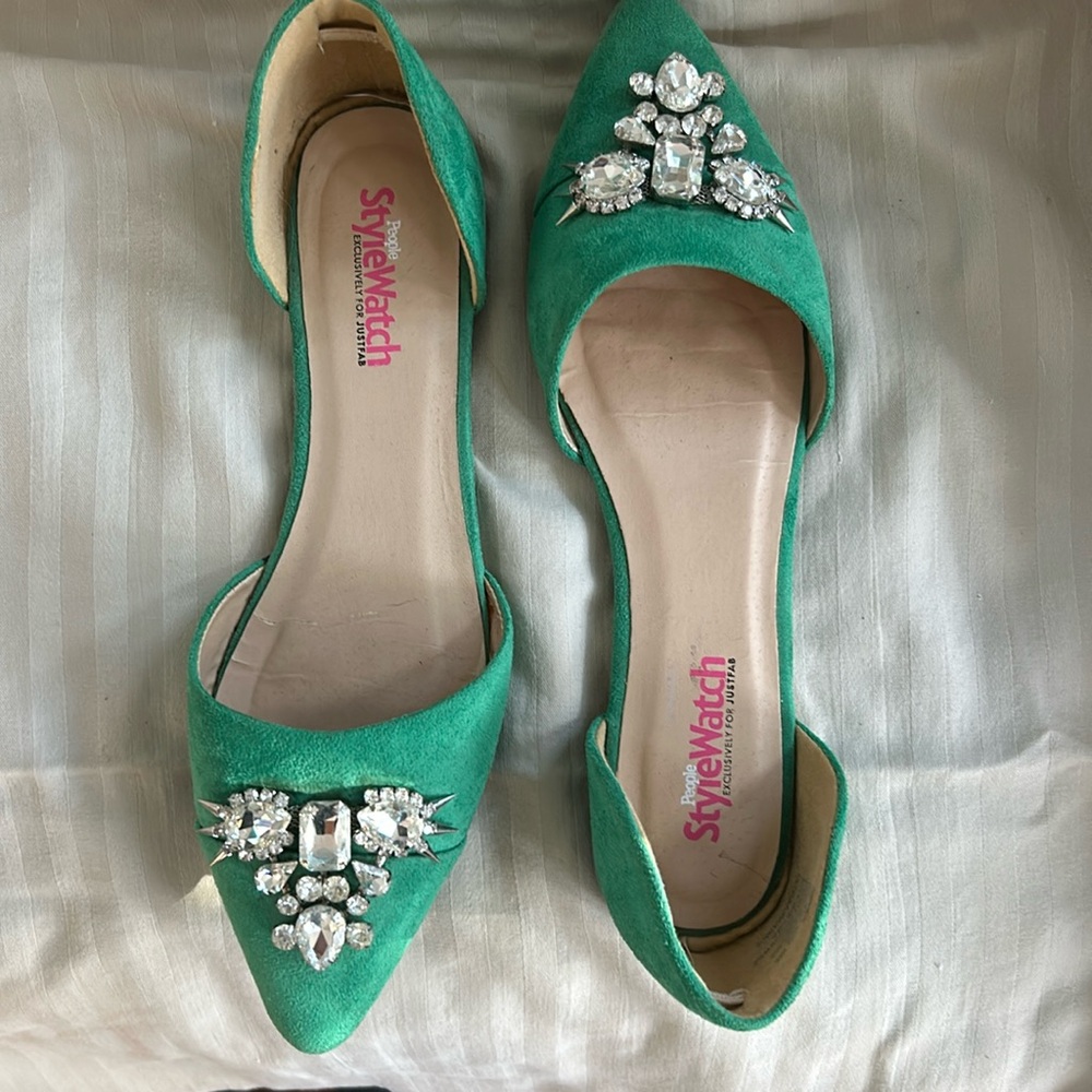Size 8 green suede flats with jewels